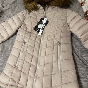 Women's Beige Quilted Jacket with Faux Fur Hood